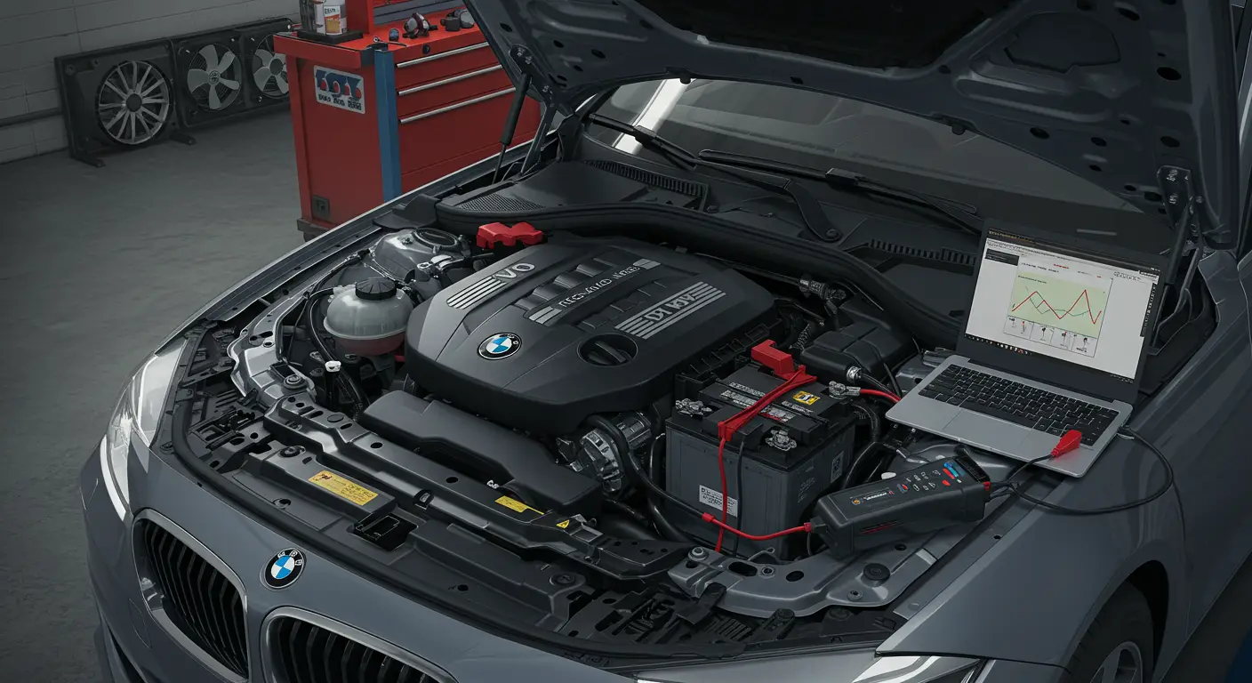 Imagine care ilustrează simptomele unei baterii auto slabe sau pe moarte, cu elemente vizuale ce indică probleme precum pornirea dificilă a motorului, lumini slabe și corodarea bornelor, alături de soluții de diagnostic și remediere.