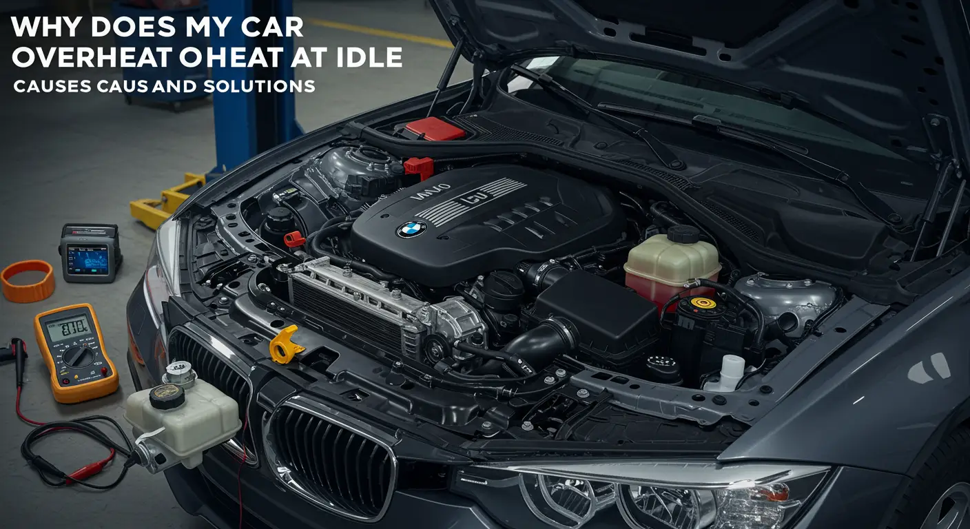 Imagine care ilustrează tema „De ce se supraîncălzește mașina mea la ralanti – Cauze și soluții”, prezentând un automobil staționat cu capota deschisă și abur ieșind din compartimentul motorului, simbolizând problemele de răcire.