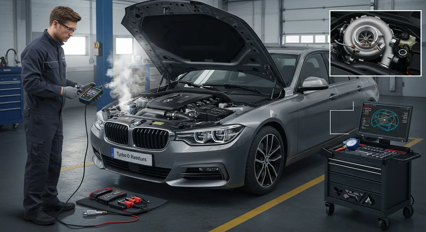 Imagine care ilustrează un motor auto cu un turbocharger defect, însoțit de semne de simptome comune, cum ar fi fum excesiv la eșapament și pierdere de putere, alături de un mecanic care efectuează un diagnostic.