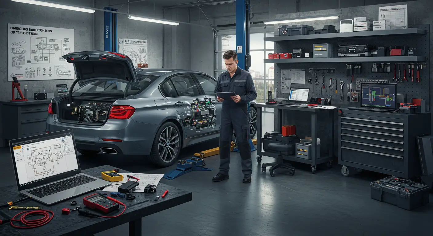 Imagine care ilustrează un tehnician auto verificând sistemul electric al unei uși de portbagaj automate, evidențiind simptomele și soluțiile pentru un mecanism de deschidere defect, cum ar fi blocarea sau funcționarea intermitentă.
