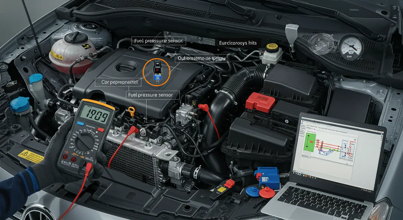 Imagine ce prezintă un mecanic auto care verifică și înlocuiește un senzor de presiune a combustibilului defect la un motor de mașină, cu unelte și manual de reparații auto alături.