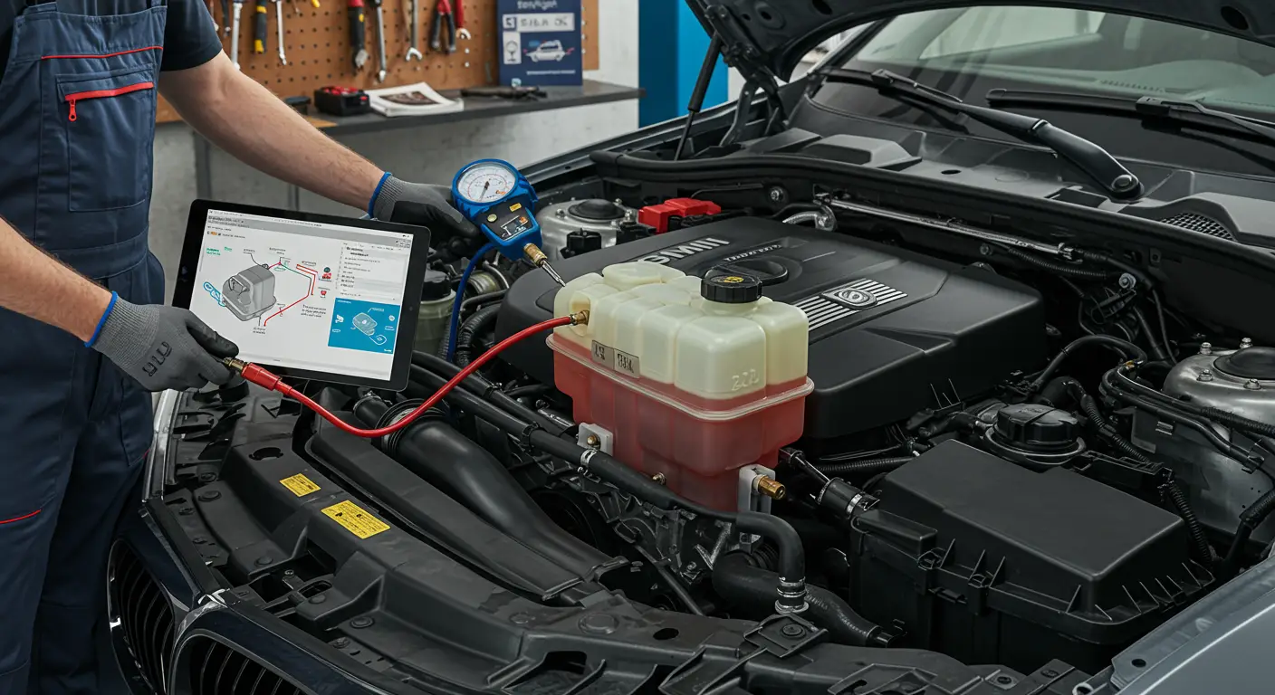 Imagine ce prezintă un mecanic auto inspectând un rezervor de expansiune al sistemului de răcire al unui vehicul pentru a diagnostica o posibilă defecțiune, într-un atelier auto.