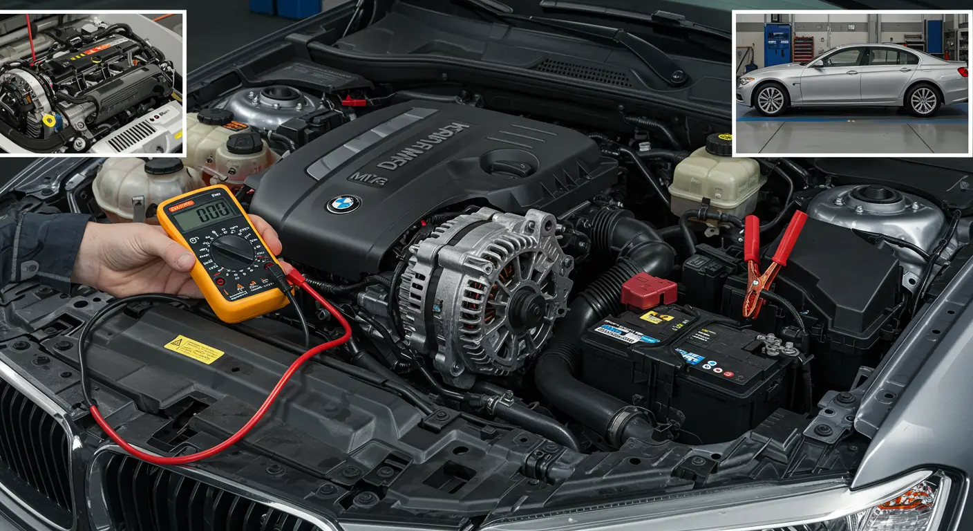 Imagine cu o mașină staționată într-un garaj, cu capota ridicată, ilustrând cum se verifică alternatorul pentru a depista simptomele unui alternator defect, cum ar fi farurile pâlpâitoare și bateria descărcată.