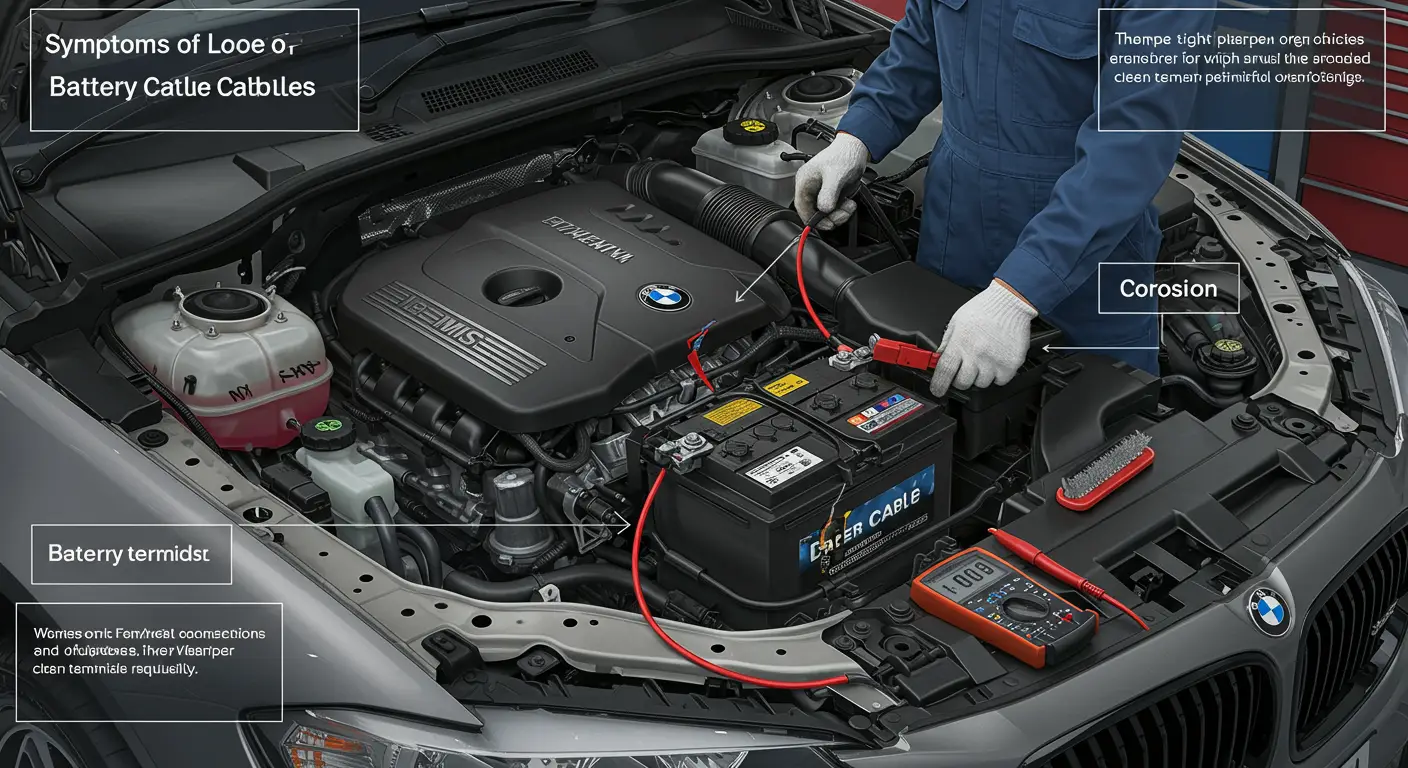 Imagine cu un automobil cu capota ridicată, evidențiind cablurile bateriei care sunt fie slăbite, fie deteriorate, și un mecanic verificând conexiunile pentru a le repara.