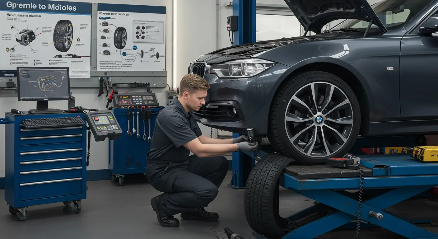 Imagine cu un automobil parcat, arătând o anvelopă a cărei uzură este evident mai mare pe o parte, ilustrează cauze posibile ale uzurii neuniforme, precum alinierea necorespunzătoare a roților sau presiunea incorectă în pneuri.