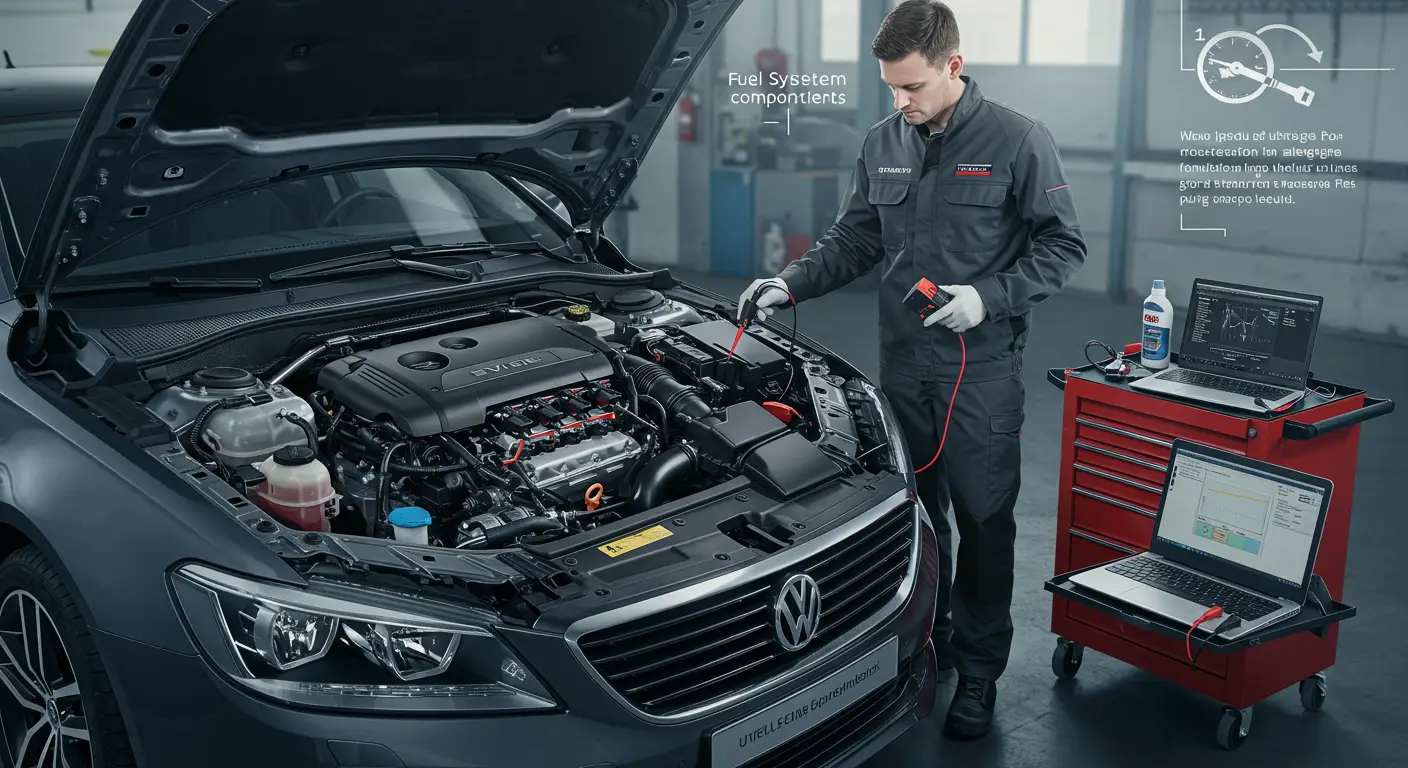 Imagine cu un mecanic auto care inspectează sistemul de alimentare al unei mașini, încercând să diagnosticheze cauza ezitării motorului în timpul accelerației.