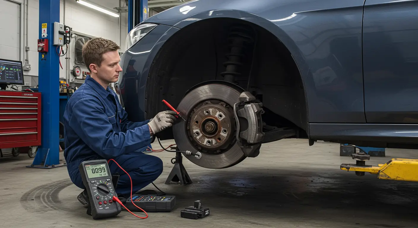 Imagine cu un mecanic auto care inspectează un senzor de viteză al roții vehiculului pentru a diagnostica și repara o problemă ABS; sunt vizibile componentele sistemului de frânare și uneltele utilizate.