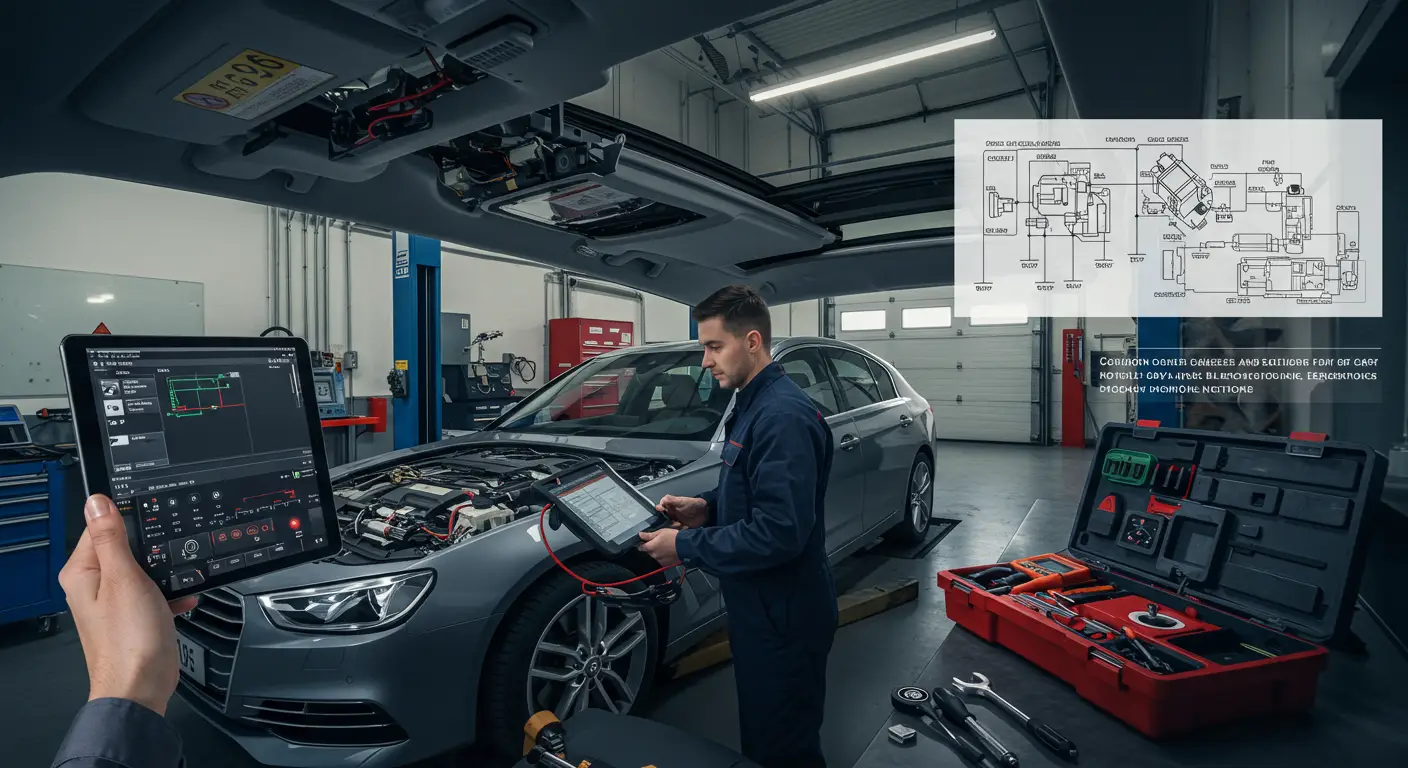 Imagine cu un mecanic auto verificând un plafon panoramic deschis, ilustrând problemele comune ale trapa auto și soluțiile acestora, cum ar fi scurgeri, blocaje sau zgomote anormale.