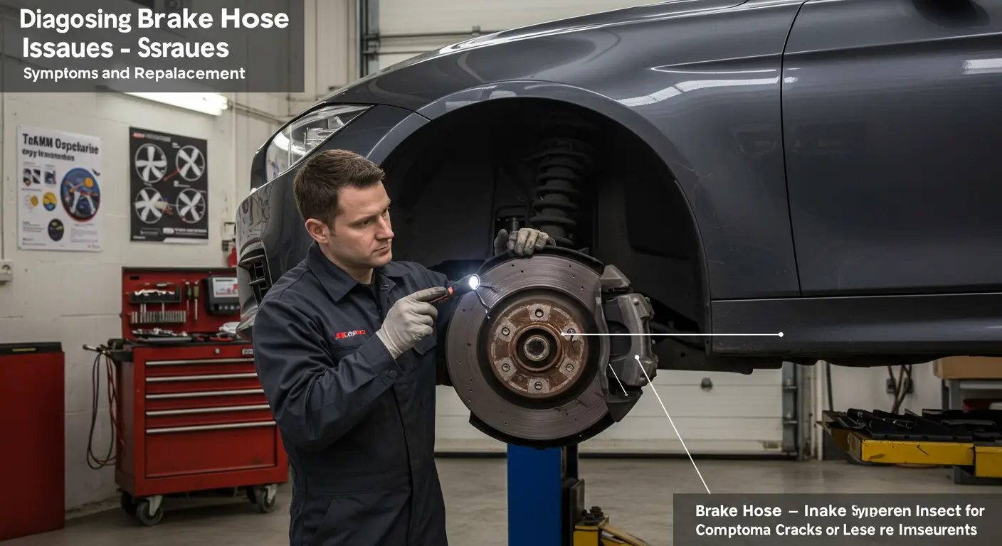 Imagine descrie un mecanic auto care examinează furtunurile de frână ale unei mașini într-un atelier auto, indicând posibilele simptome ale defecțiunilor și discutând despre necesitatea înlocuirii acestora.