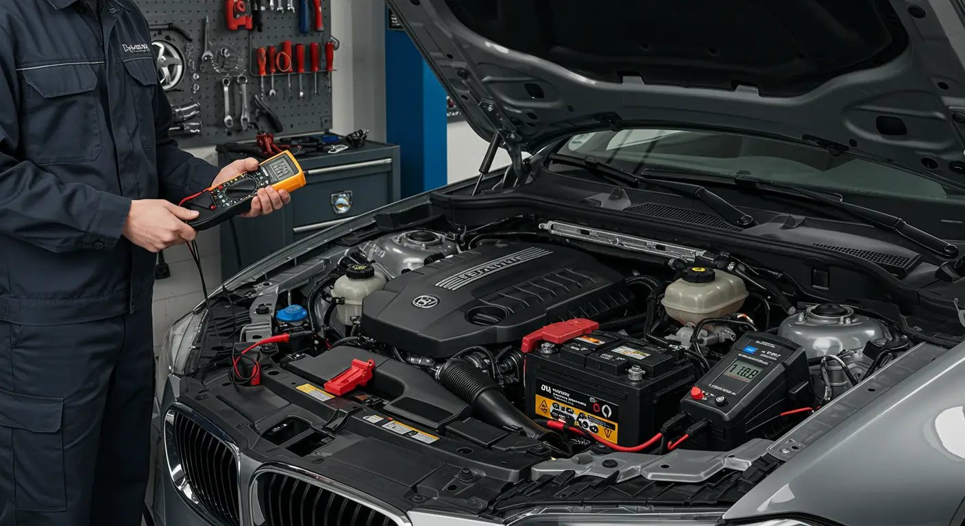 Imagine ilustrând simptomele unei baterii auto slabe sau pe moarte, incluzând un motor care nu pornește, faruri slabe și o baterie cu semne de uzură, alături de diagnosticare și soluții pentru aceste probleme.