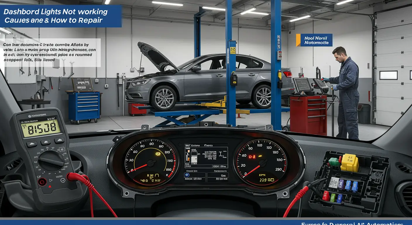 Imagine ilustrând un panou de bord auto cu luminile nefuncționale, evidențiind potențiale cauze și soluții pentru remediere.