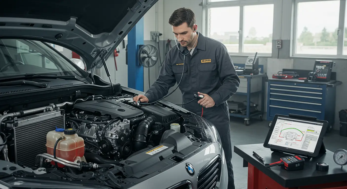 Imagine reprezentând un mecanic auto care inspectează un compresor de aer condiționat al unei mașini, discutând despre cauzele și soluțiile pentru un compresor zgomotos.