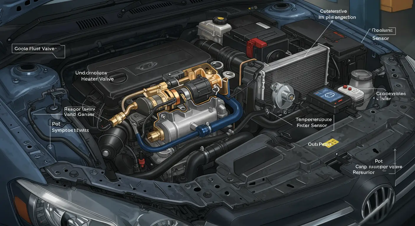 Imagine reprezentând un mecanic auto verificând supapa de încălzire a unei mașini, ilustrând simptomele unei supape defecte și soluțiile posibile pentru diagnoză corectă.