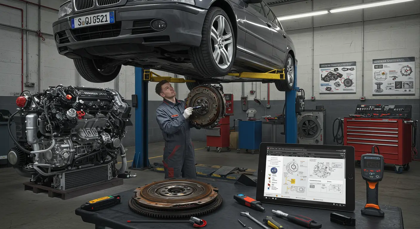 Imaginea afișează un mecanic auto care inspectează un volant defect, ilustrând simptomele și metodele de diagnosticare pentru a identifica problemele unei volante într-un vehicul.