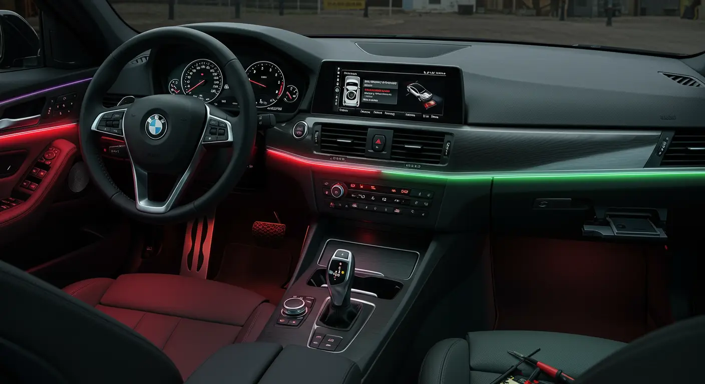 Imaginea arată interiorul unei mașini cu iluminare ambientală defectuoasă, evidențiind zonele unde lumina este intermitentă sau lipsă; textul discută cauzele și soluțiile problemelor legate de iluminarea interioară.