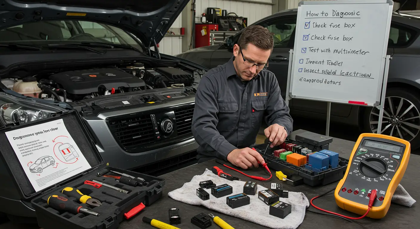 Imaginea arată o mână ținând un tester de curent electric, conectat la o cutie de siguranțe auto, ilustrând procesul de diagnosticare a unei siguranțe arse într-o mașină.