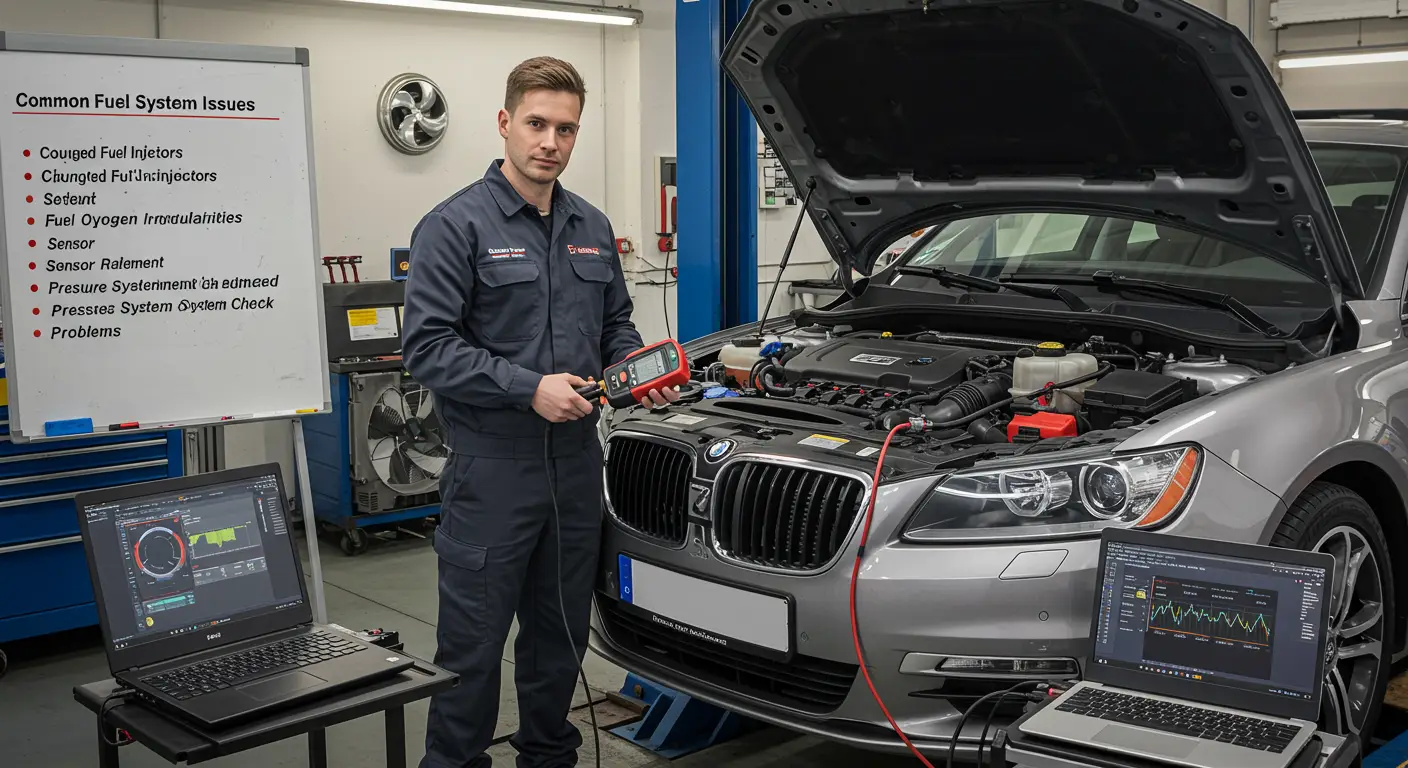 Imaginea arată o mașină la o benzinărie, cu un mecanic inspectând motorul, simbolizând problemele comune ce cauzează consumul excesiv de combustibil și soluțiile posibile pentru îmbunătățirea economiei de combustibil.