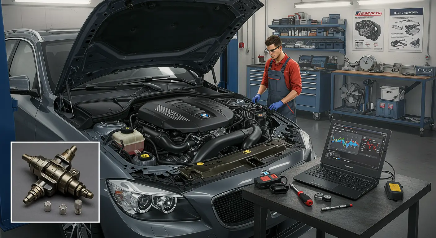 Imaginea arată o secțiune transversală a unui injector de motorină, subliniind componentele interne și posibilele zone de uzură, ilustrând simptomele și soluțiile pentru defecțiunile injectoarelor de motorină.