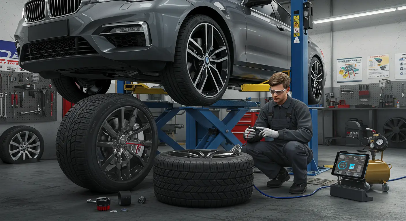 Imaginea arată un automobil cu un indicator de presiune a pneurilor pe ecranul de bord, evidențiind simptomele de anvelope sub-umflate sau supra-umflate, cum ar fi uzura neuniformă a benzii de rulare și impactul asupra siguranței și întreținerii vehiculului.