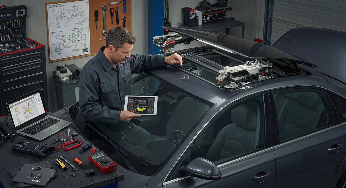 Imaginea arată un bărbat care folosește un multimetru pentru a verifica circuitele electrice ale unui plafon panoramic de mașină, în contextul ghidului despre diagnosticarea și repararea defecțiunilor la trapa autoturismului.