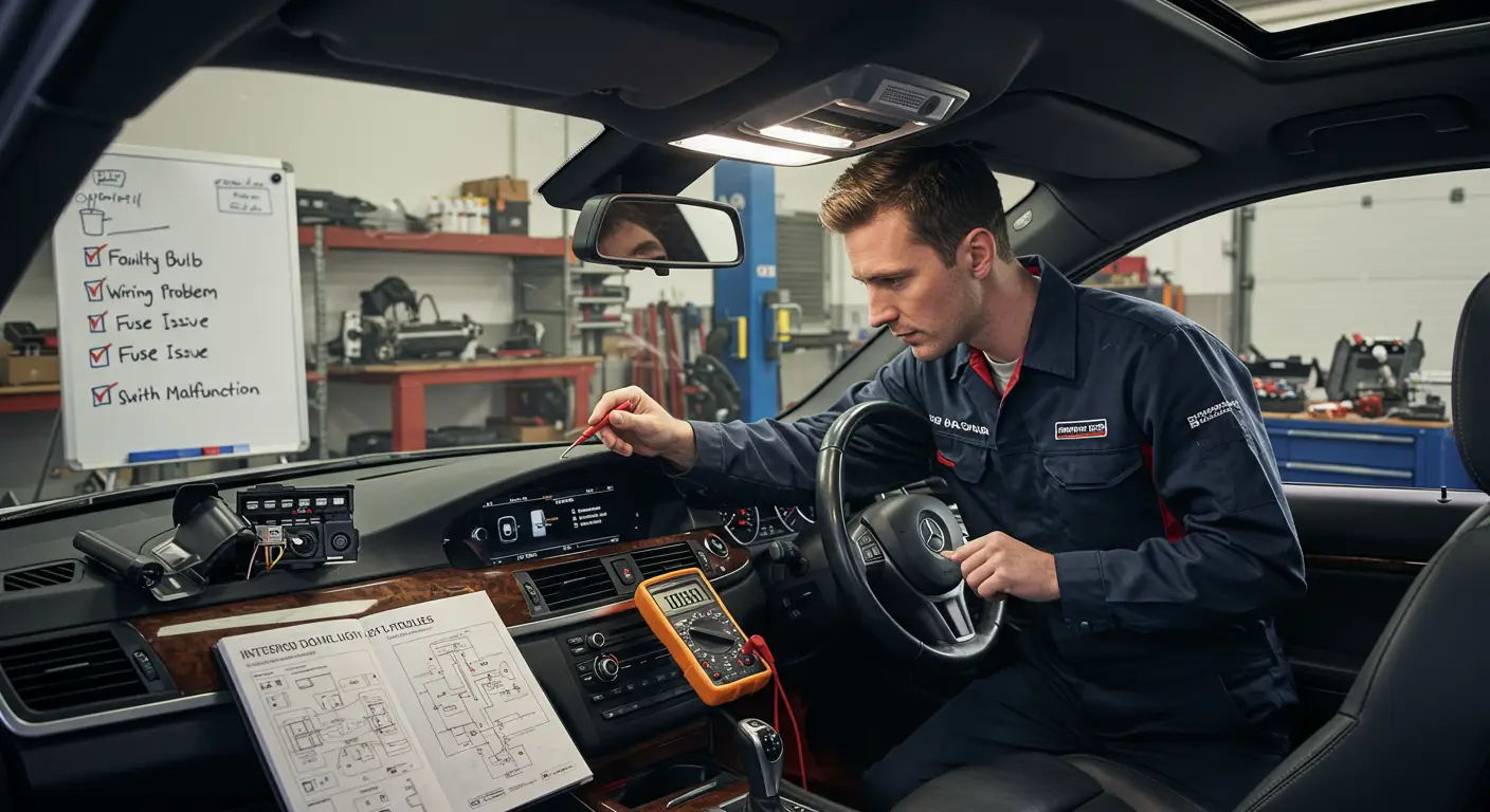 Imaginea arată un bărbat care verifică becul interior al unei mașini, abordând problemele luminii din plafon. În plan apropiat, se văd unelte și un manual de reparații auto.