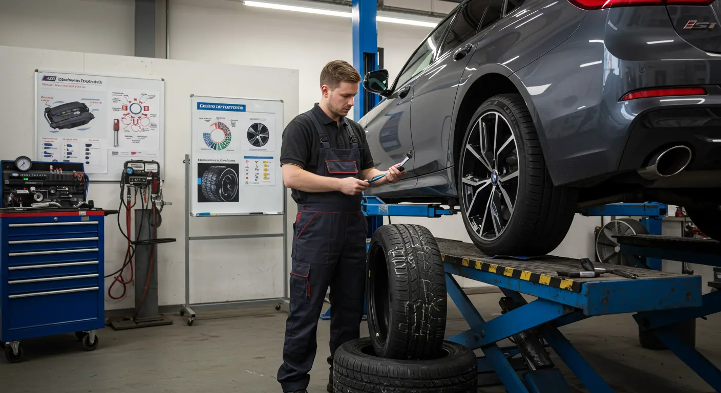 Imaginea arată un bărbat inspectând cu atenție o anvelopă auto, verificând adâncimea benzii de rulare cu un instrument special, pentru a determina dacă este necesară înlocuirea acesteia.