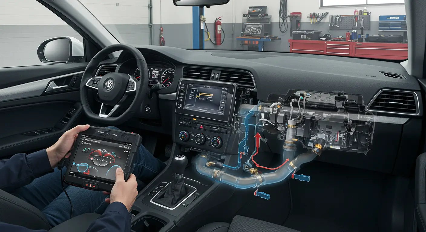 Imaginea arată un bărbat stând în mașină, atingând ecranul tactil al sistemului de control al climatizării, în timp ce consultă un manual auto deschis pe scaunul pasagerului.