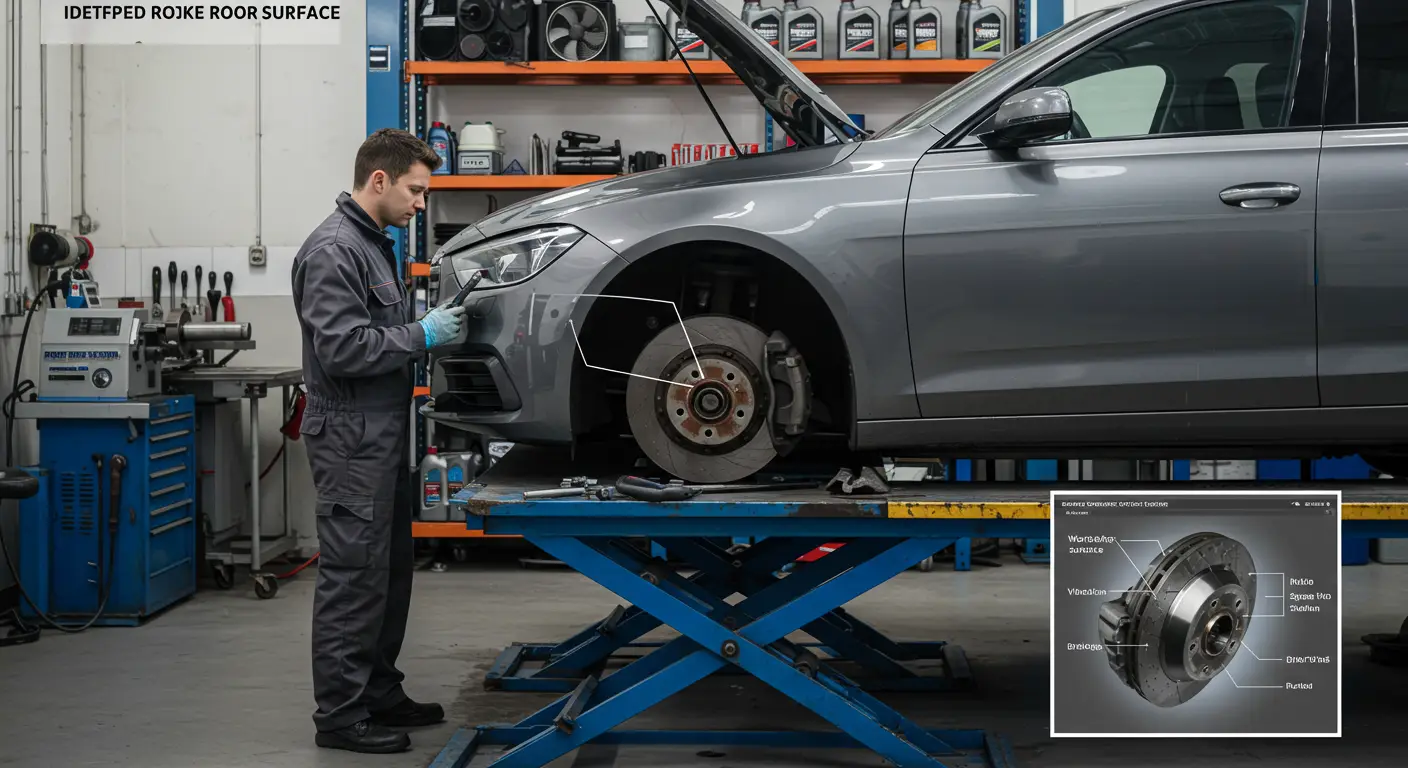 Imaginea arată un mecanic auto care examinează un disc de frână pentru a identifica semne de deformare, cum ar fi uzura neuniformă sau suprafața ondulată, indicând simptomele unui rotor de frână deformat.