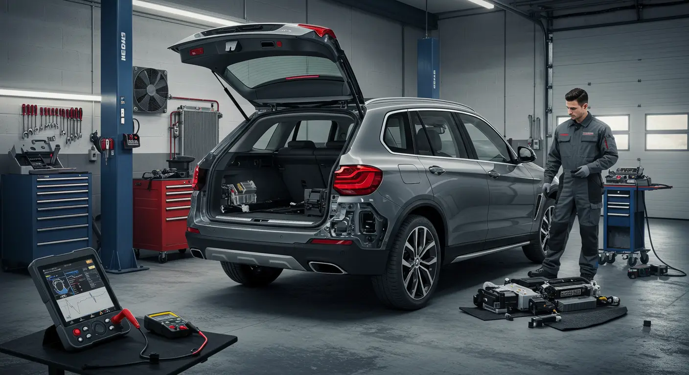 Imaginea arată un mecanic auto care folosește un aparat de diagnosticare pentru a repara problemele de funcționare ale hayonului electric al unui SUV parcat într-un garaj.