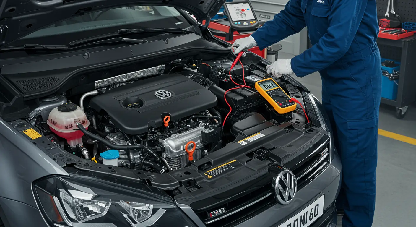 Imaginea arată un mecanic auto care folosește un multimetru pentru a testa un releu de pompă de combustibil, cu diagrame ale sistemului electric auto afișate în fundal.