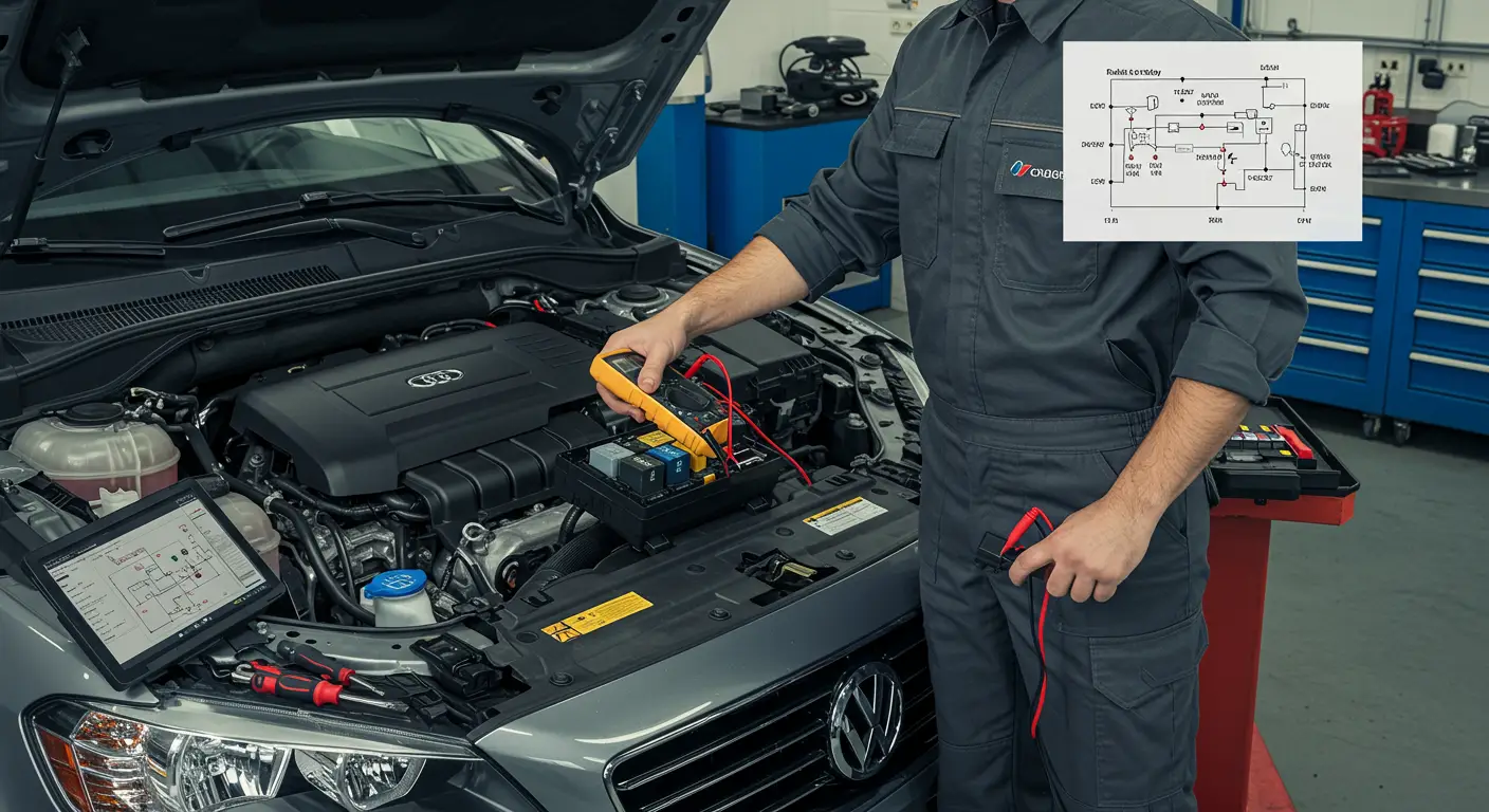 Imaginea arată un mecanic auto care folosește un multimetru pentru a testa un releu de lumini defect, cu un panou de siguranțe deschis și uneltele necesare pentru înlocuire așezate în apropiere.