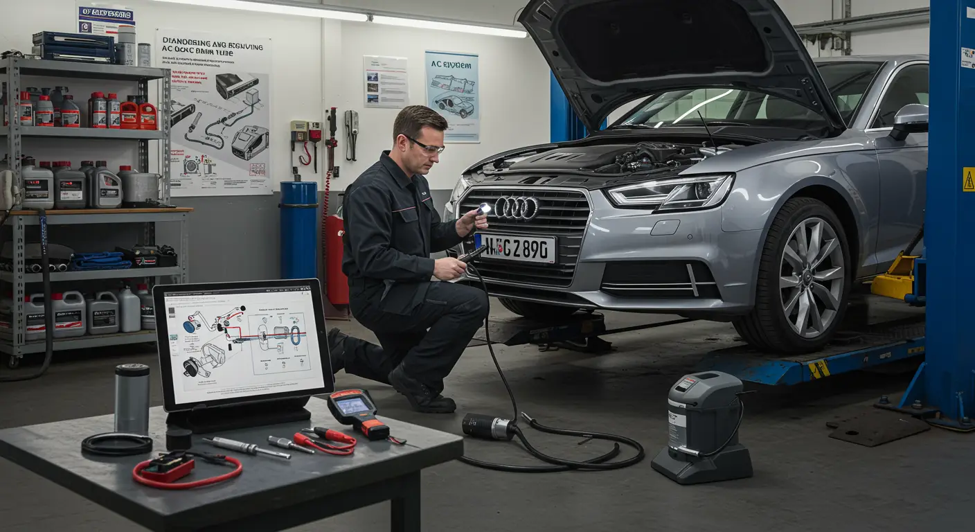 Imaginea arată un mecanic auto care identifică și repară un tub de scurgere al aerului condiționat blocat, folosind o lanternă pentru a inspecta zona sub mașină.