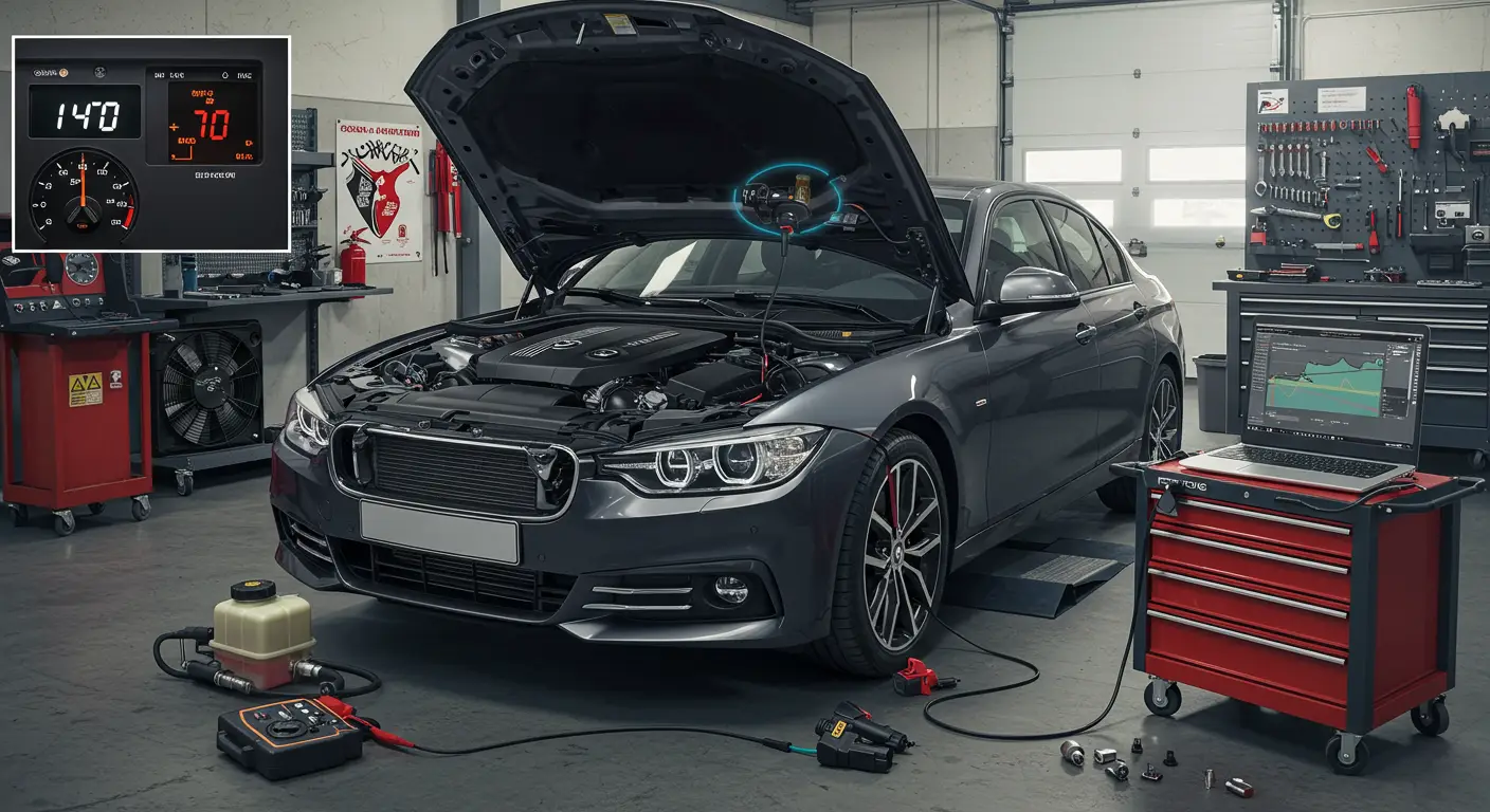 Imaginea arată un mecanic auto care inspectează compartimentul motorului unui vehicul, concentrându-se pe senzorul de presiune a combustibilului, cu unelte și manuale de reparații pe o masă alăturată.