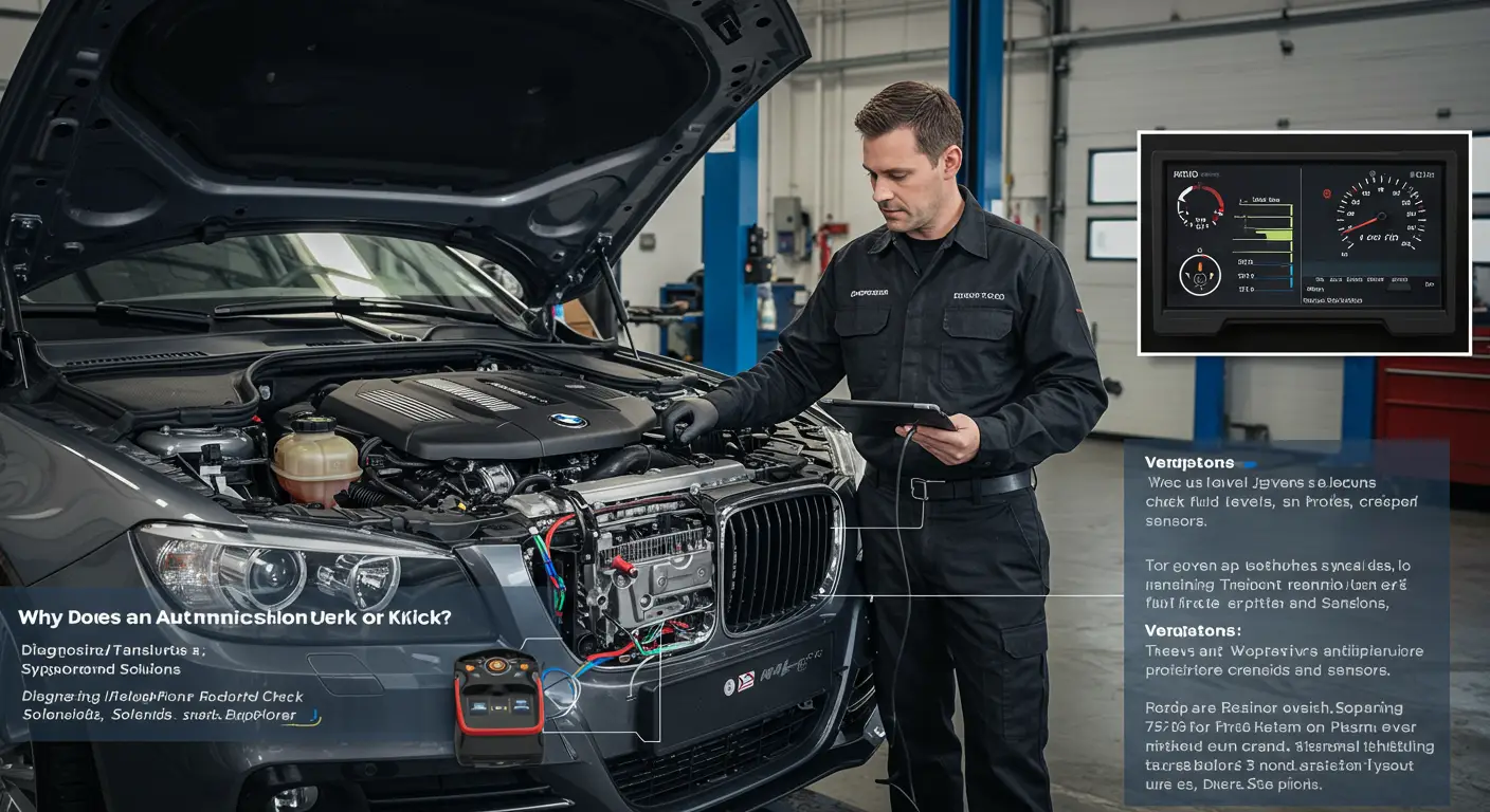Imaginea arată un mecanic auto care inspectează o transmisie automată sub capota unei mașini, ilustrând subiectul despre motivele pentru care o transmisie automată poate să smucească sau să lovească și soluțiile posibile.
