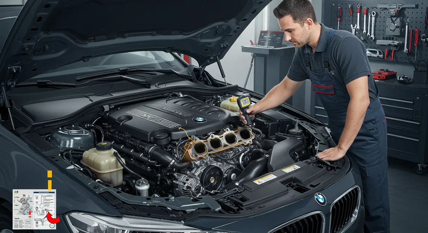 Imaginea arată un mecanic auto care inspectează partea frontală a unui motor, concentrându-se pe identificarea scurgerilor garniturii colectorului de evacuare, cu un set de unelte și o lanternă în mână.