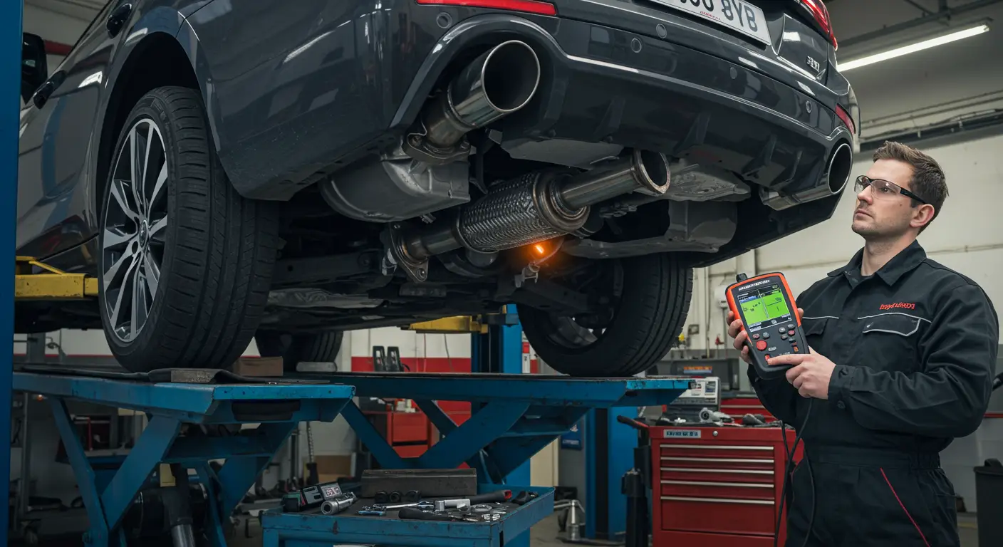 Imaginea arată un mecanic auto care inspectează și repară o țeavă flexibilă de evacuare defectă sub o mașină ridicată pe un elevator, utilizând o lanternă și unelte specializate.