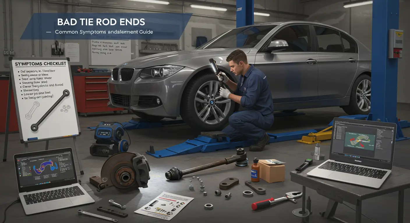 Imaginea arată un mecanic auto care inspectează tijele de direcție ale unei mașini, subliniind simptomele uzurii, cum ar fi jocul sau zgomotele neobișnuite, și prezentând un ghid pentru înlocuirea acestora.