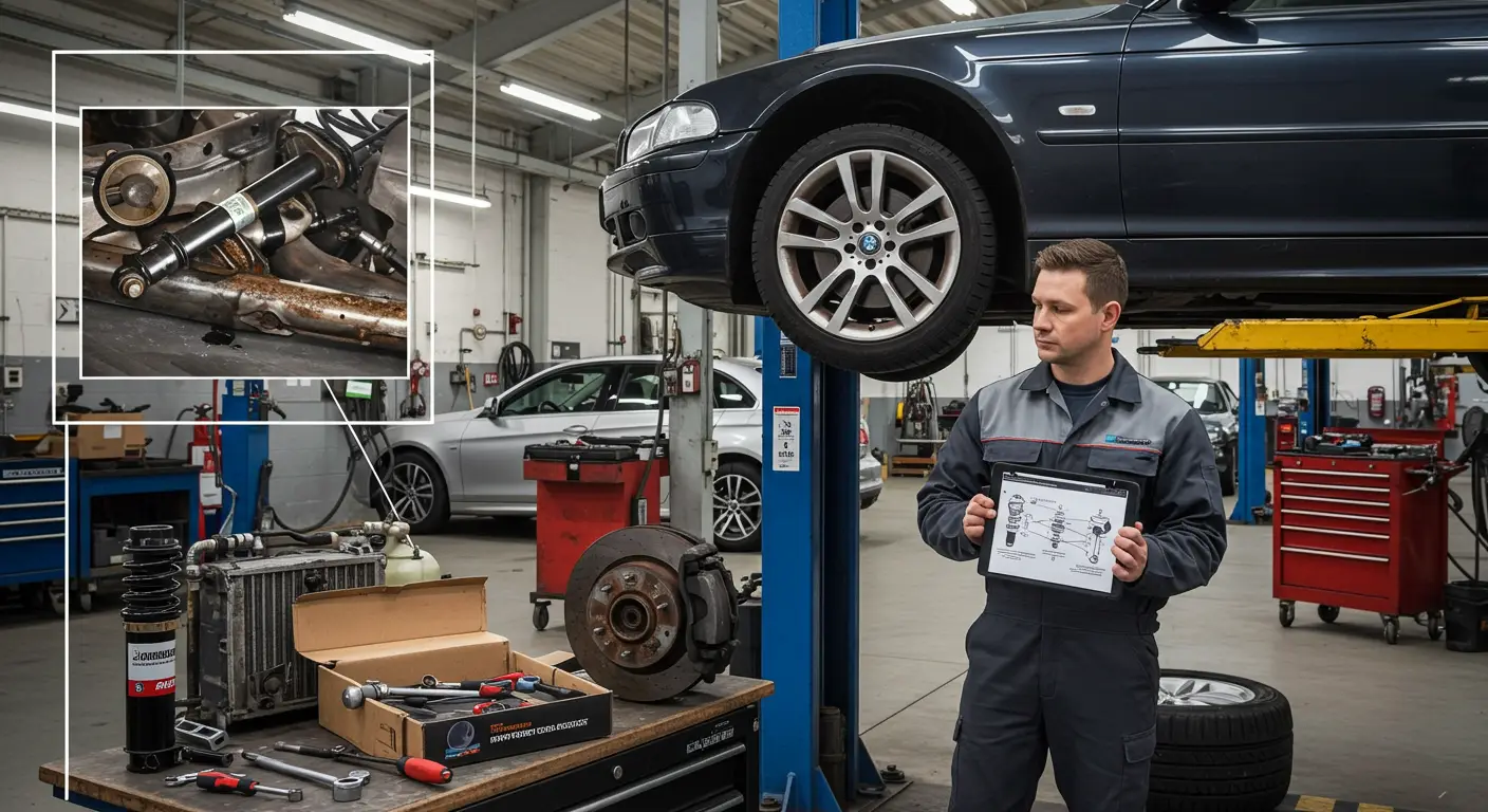 Imaginea arată un mecanic auto care inspectează un amortizor uzat pe un vehicul ridicat, ilustrând simptomele amortizoarelor defecte și importanța diagnosticării și înlocuirii acestora.