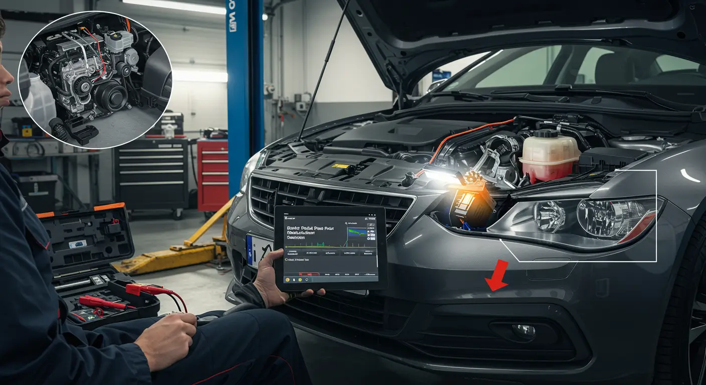 Imaginea arată un mecanic auto care inspectează un senzor de poziție a pedalei de frână, cu unelte și diagrame de diagnosticare în fundal, ilustrând procesul de identificare și reparare a defecțiunilor senzorului.
