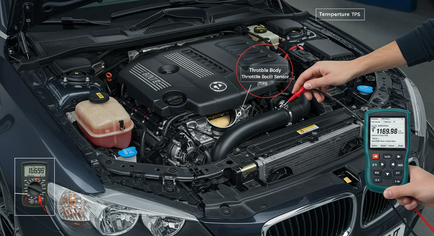 Imaginea arată un mecanic auto care inspectează un senzor de poziție a clapetei de accelerație (TPS) sub capota unei mașini, folosind un multimetru pentru a verifica tensiunea și semnalul senzorului.