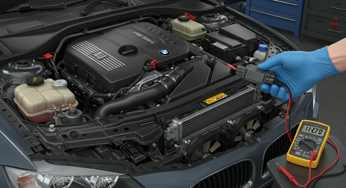 Imaginea arată un mecanic auto care utilizează un multimetru pentru a verifica funcționalitatea senzorului de masă a aerului (MAF) la o mașină, demonstrând pașii esențiali pentru diagnosticarea corectă.