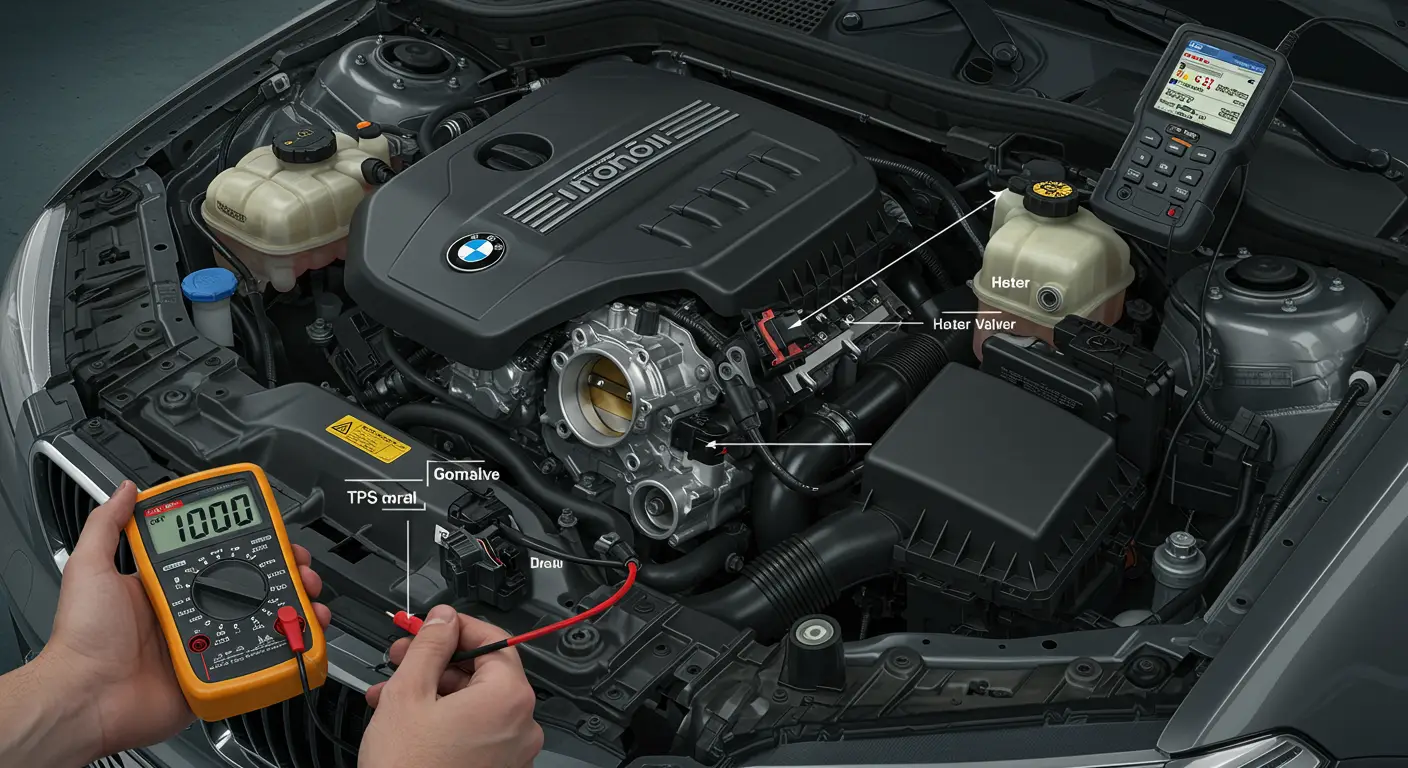 Imaginea arată un mecanic auto care verifică senzorul de poziție a clapetei de accelerație (TPS) al unei mașini, cu ilustrații care evidențiază simptomele comune ale defectării, cum ar fi pierderea de putere și fluctuațiile turației motorului.