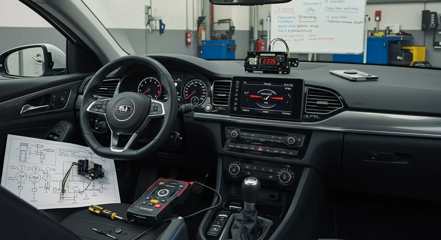 Imaginea arată un mecanic auto care verifică și repară un ceas de mașină defect; el folosește un multimetru pentru a testa conexiunile electrice din bordul vehiculului.