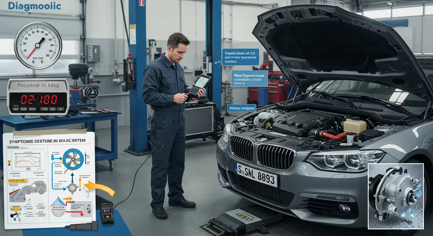 Imaginea arată un mecanic auto care verifică sistemul de aer condiționat al unei mașini folosind un manometru, în timp ce explică simptomele și soluțiile cauzate de umiditatea din sistemul de A/C.