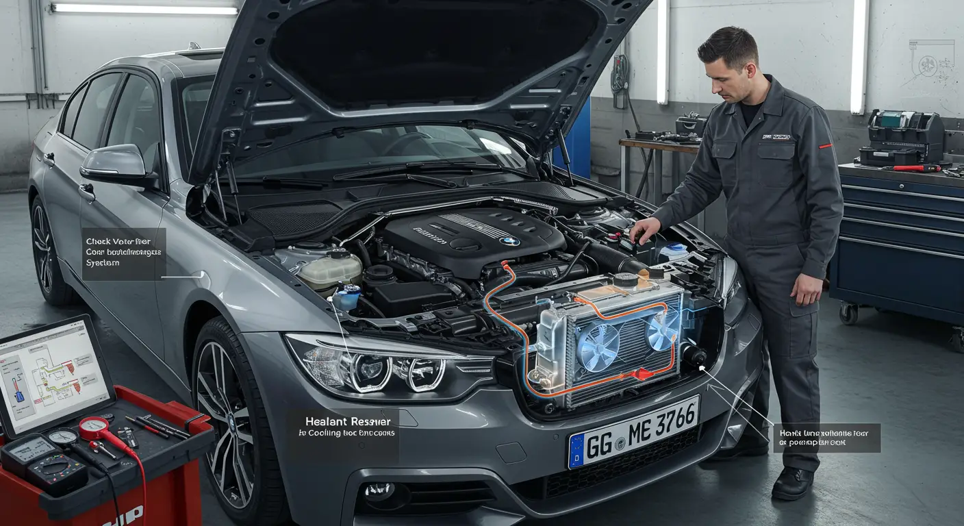 Imaginea arată un mecanic auto care verifică sistemul de încălzire al unei mașini, inspectându-i motorul și folosind un multimetru pentru a diagnostica problema lipsei de căldură.