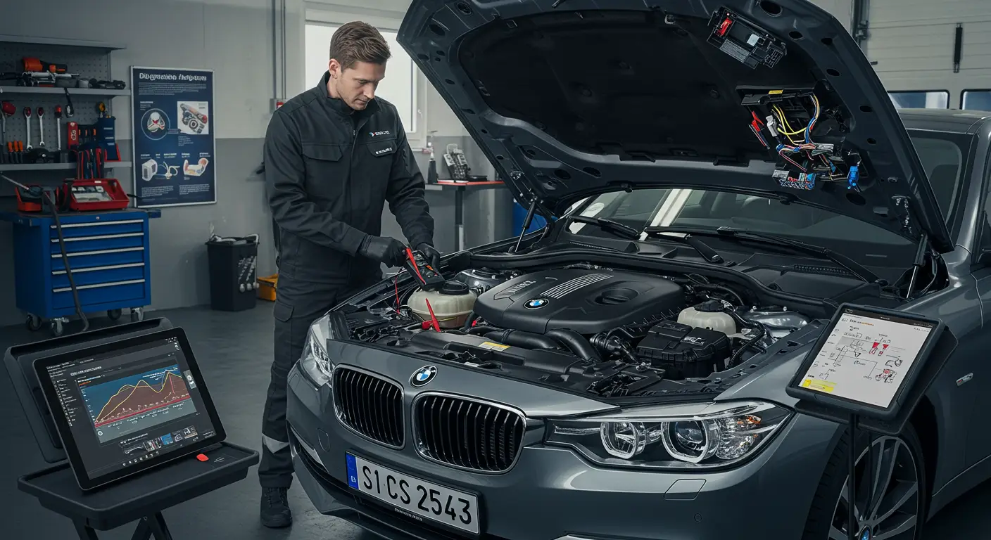 Imaginea arată un mecanic auto care verifică sistemul electric al unei mașini pentru a diagnostica problemele cu luminile de rulare pe timp de zi (DRL), folosind un multimetru și consultând un manual tehnic.