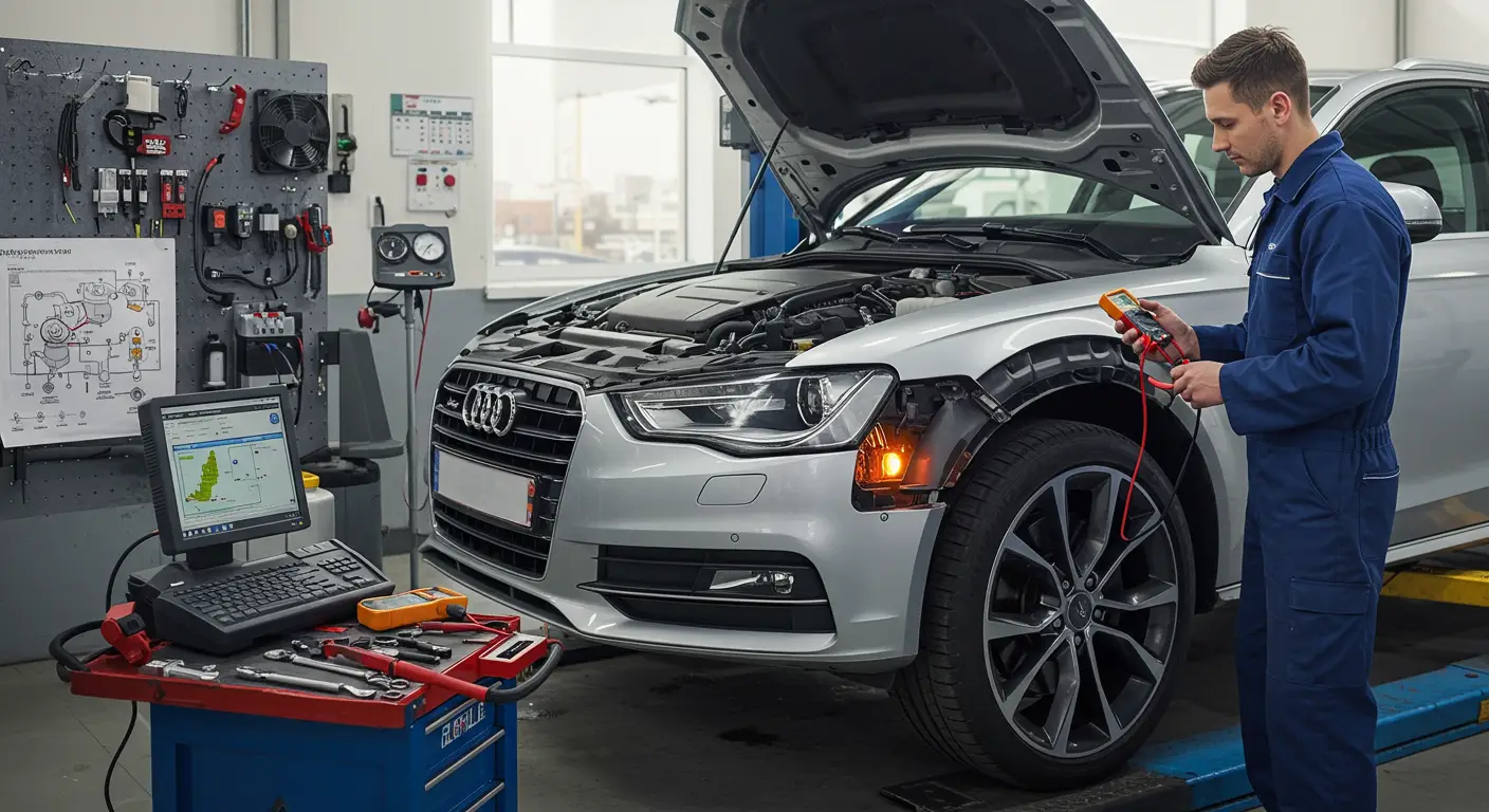 Imaginea arată un mecanic auto diagnosticând problemele semnalizatoarelor de direcție la un vehicul, utilizând un multimetru pentru a verifica cablajul electric și componentele relevante.