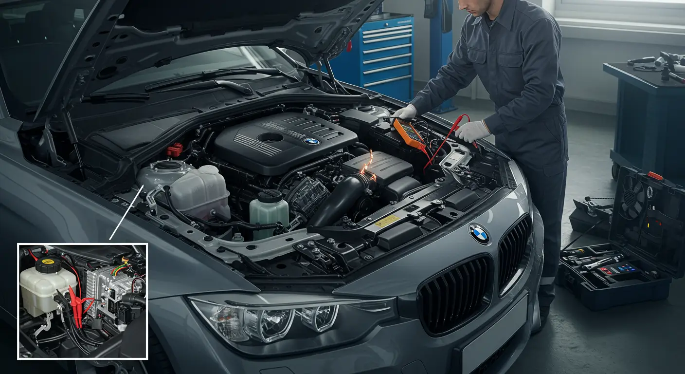 Imaginea arată un mecanic auto examinând sistemul electric al unei mașini pentru a identifica un scurtcircuit; sunt vizibile cabluri, un multimetru și componente electrice, ilustrând simptomele și procesul de depanare.
