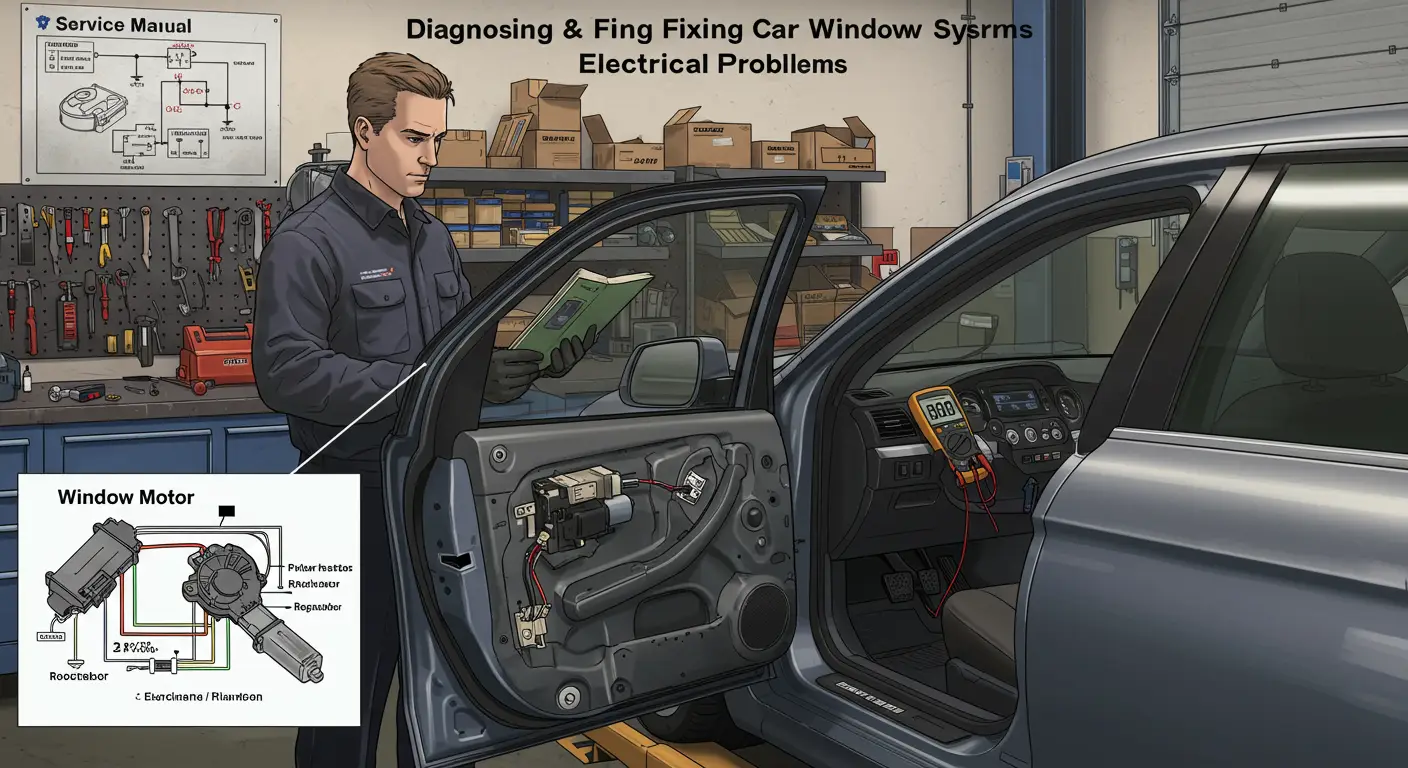 Imaginea arată un mecanic auto folosind un multimetru pentru a testa circuitele electrice ale unui geam auto, în contextul diagnosticării și reparării problemelor electrice ale geamurilor mașinii.
