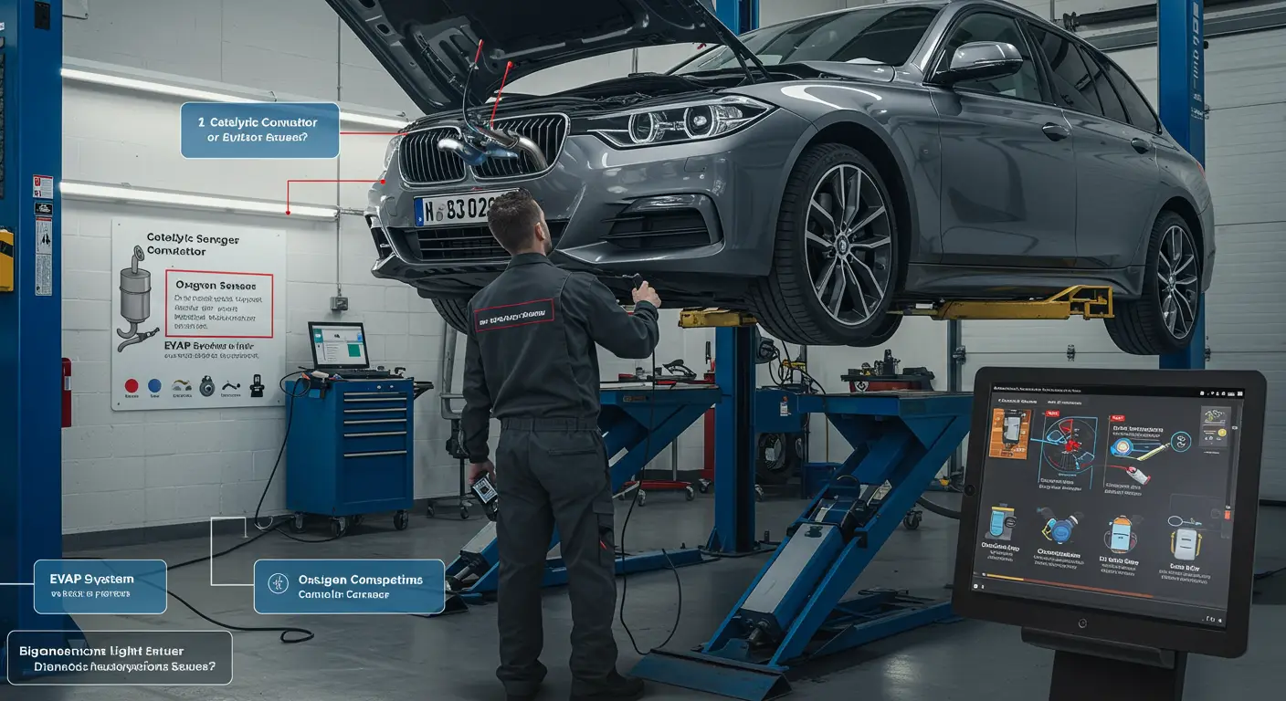 Imaginea arată un mecanic auto folosind un scaner de diagnosticare pentru a verifica un vehicul cu martorul de verificare a motorului aprins, concentrându-se pe problemele de evacuare sau emisii.